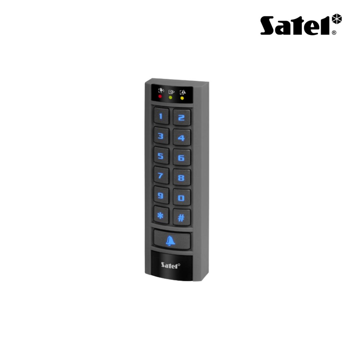 Tastiera multifunzione da esterno con lettore di prossimità, retroilluminazione blu, colore grigio. Ingresso e uscita a bordo per gestione di un varco. Per Integra