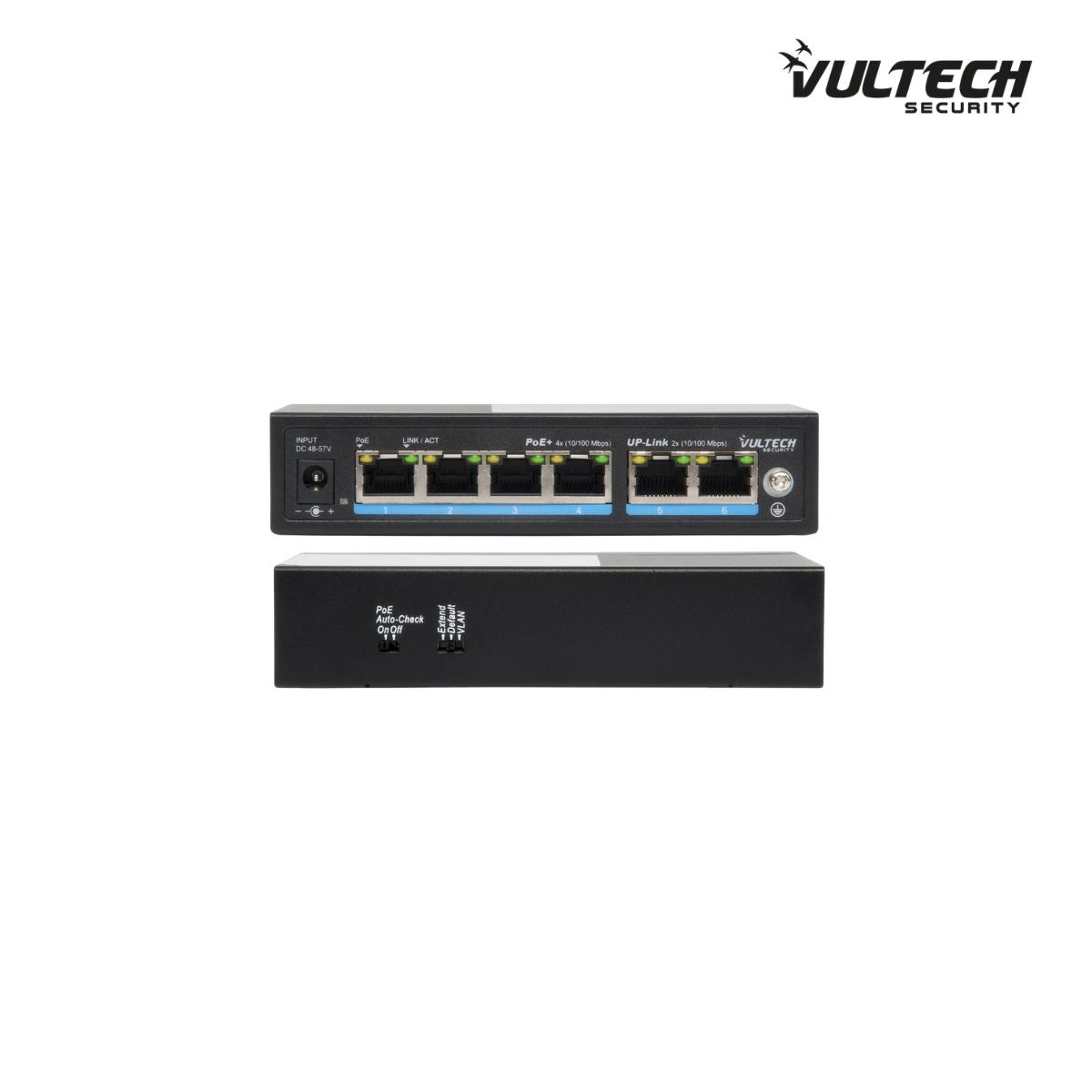 Switch PoE+ Vultech Security 4 porte 10/100 FE + 2 porte Uplink 10/100 FE 60W AI SMART
