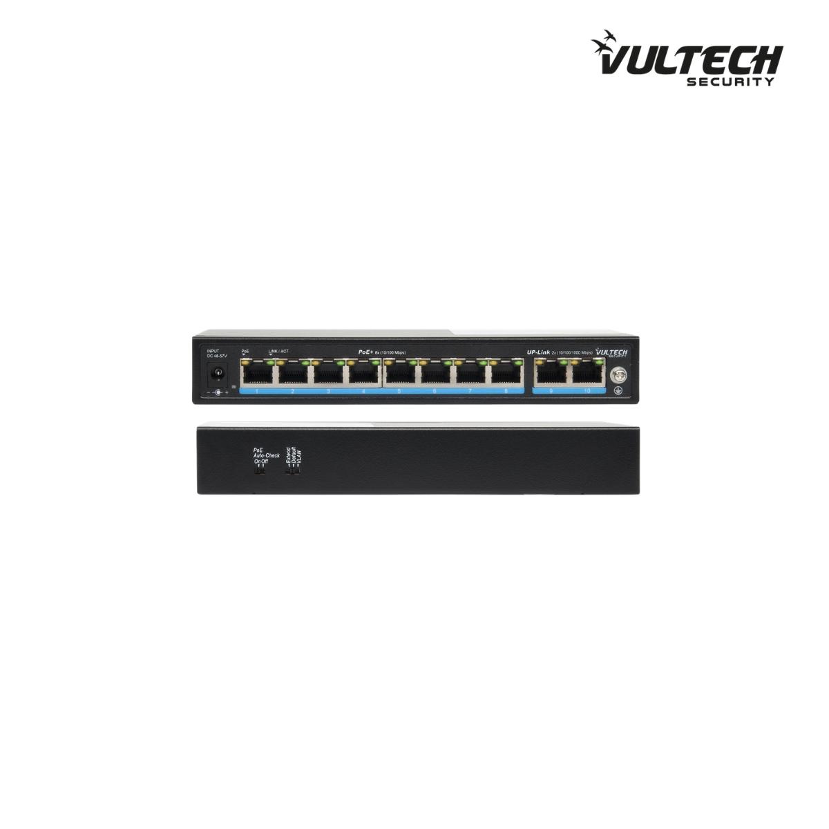 Switch PoE+ Vultech Security 8 porte 10/100 FE + 2 porte Uplink 10/100/1000 GE 120W AI SMART